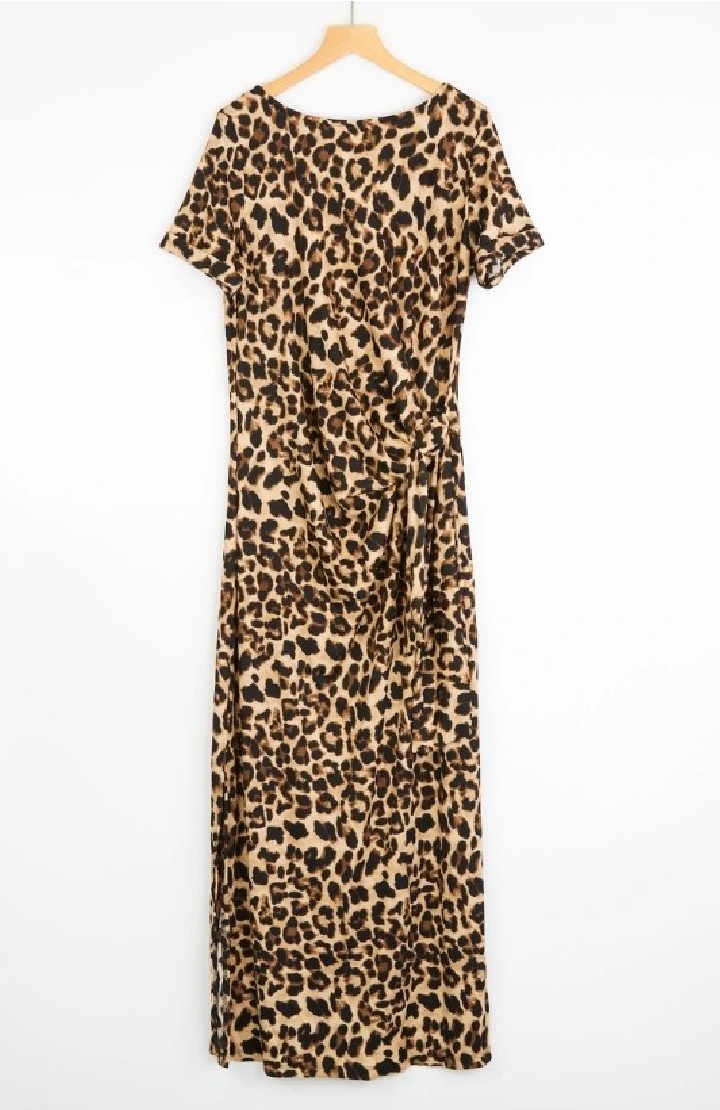 Robe longue imprimé léopard en maille côtelée avec nœud à la taille