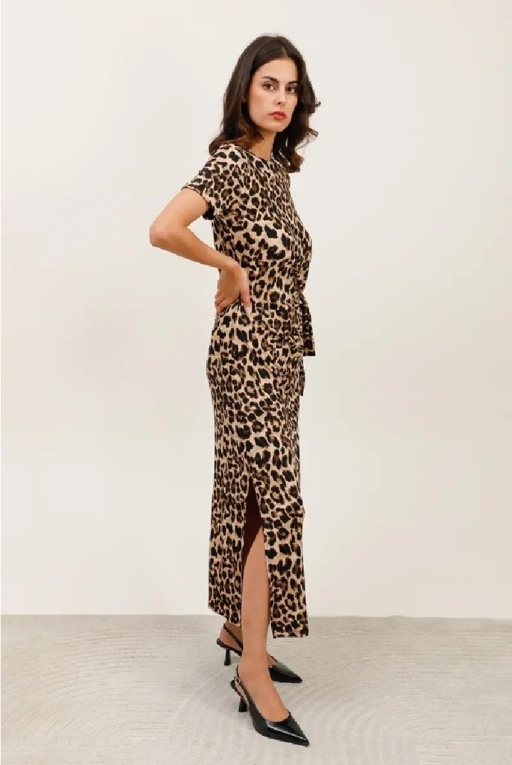 Robe longue imprimé léopard en maille côtelée avec nœud à la taille