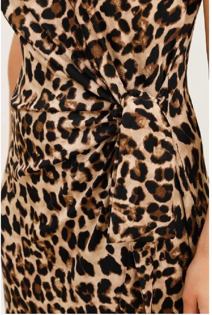 Robe longue imprimé léopard en maille côtelée avec nœud à la taille